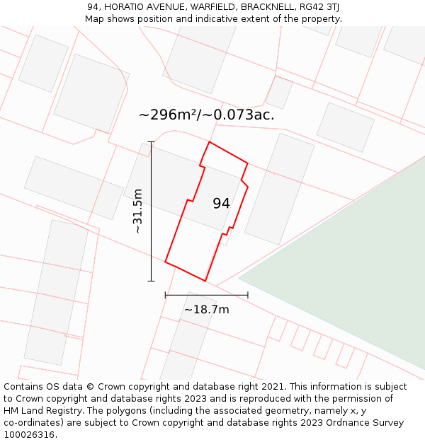 94, HORATIO AVENUE, WARFIELD, BRACKNELL, RG42 3TJ: Plot and title map