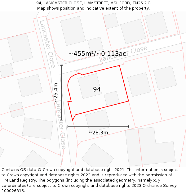 94, LANCASTER CLOSE, HAMSTREET, ASHFORD, TN26 2JG: Plot and title map