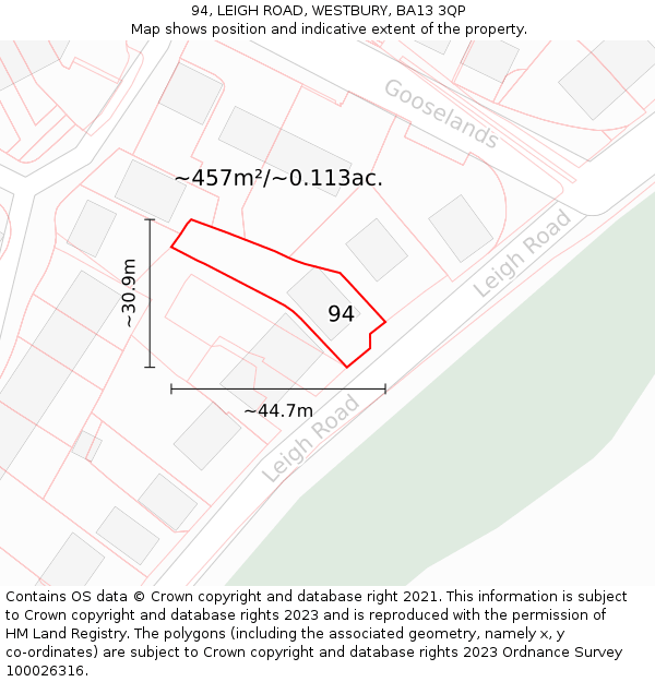 94, LEIGH ROAD, WESTBURY, BA13 3QP: Plot and title map