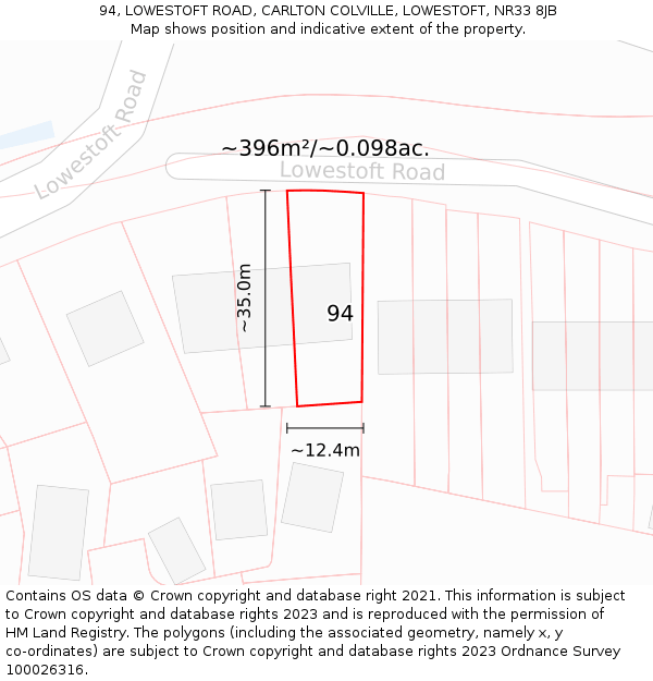 94, LOWESTOFT ROAD, CARLTON COLVILLE, LOWESTOFT, NR33 8JB: Plot and title map