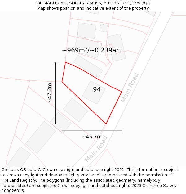 94, MAIN ROAD, SHEEPY MAGNA, ATHERSTONE, CV9 3QU: Plot and title map