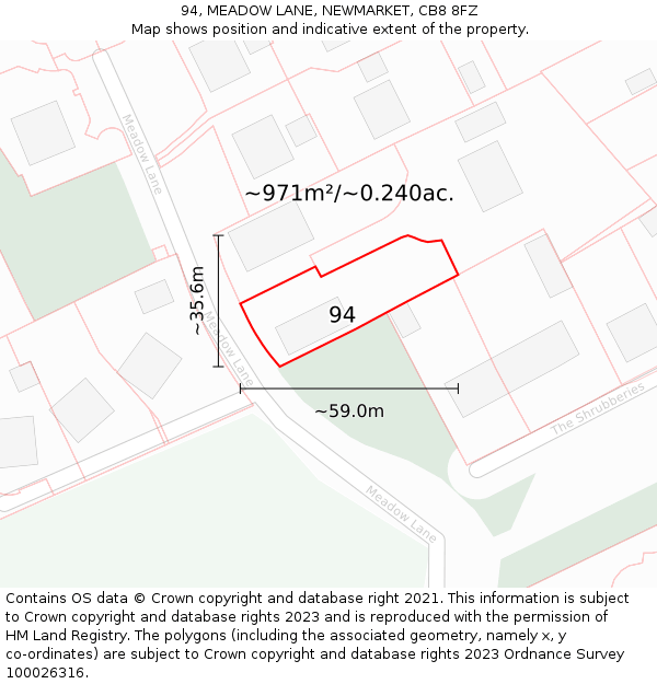 94, MEADOW LANE, NEWMARKET, CB8 8FZ: Plot and title map