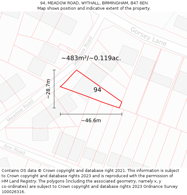 94, MEADOW ROAD, WYTHALL, BIRMINGHAM, B47 6EN: Plot and title map