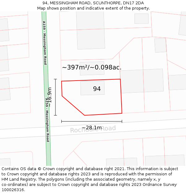 94, MESSINGHAM ROAD, SCUNTHORPE, DN17 2DA: Plot and title map