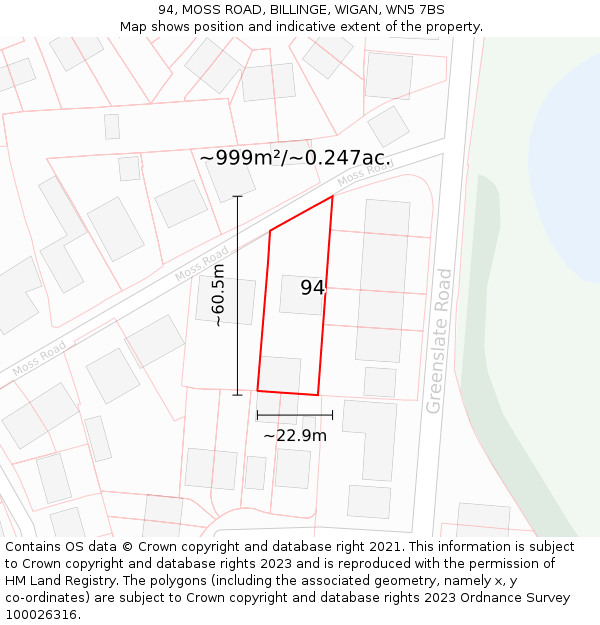 94, MOSS ROAD, BILLINGE, WIGAN, WN5 7BS: Plot and title map