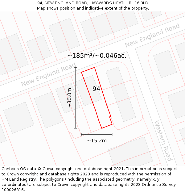 94, NEW ENGLAND ROAD, HAYWARDS HEATH, RH16 3LD: Plot and title map