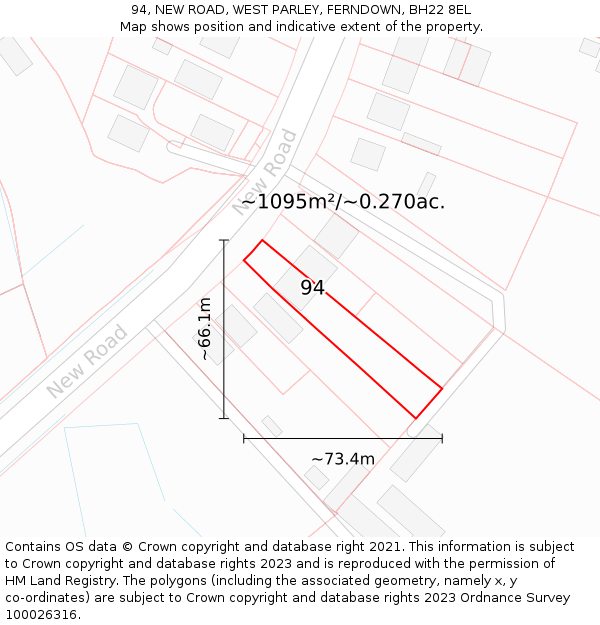 94, NEW ROAD, WEST PARLEY, FERNDOWN, BH22 8EL: Plot and title map