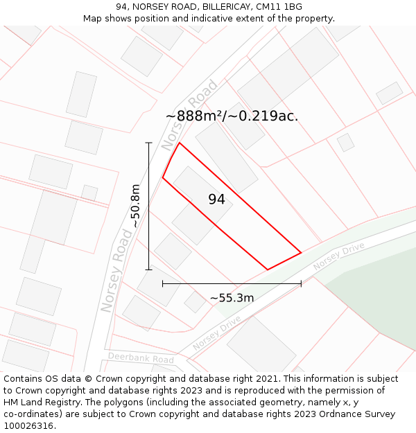 94, NORSEY ROAD, BILLERICAY, CM11 1BG: Plot and title map