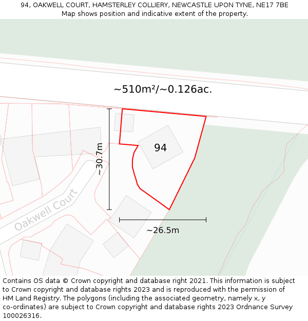 94, OAKWELL COURT, HAMSTERLEY COLLIERY, NEWCASTLE UPON TYNE, NE17 7BE: Plot and title map