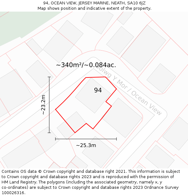 94, OCEAN VIEW, JERSEY MARINE, NEATH, SA10 6JZ: Plot and title map