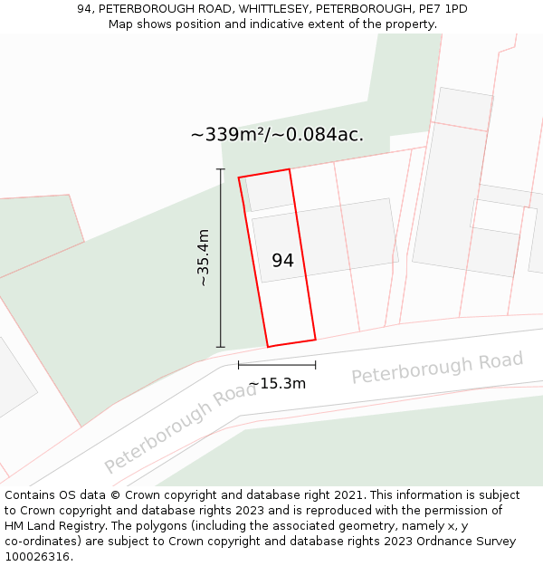 94, PETERBOROUGH ROAD, WHITTLESEY, PETERBOROUGH, PE7 1PD: Plot and title map