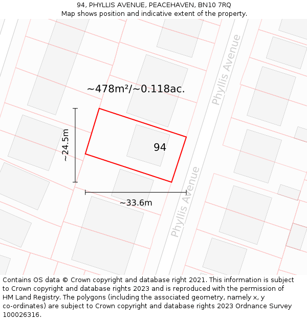 94, PHYLLIS AVENUE, PEACEHAVEN, BN10 7RQ: Plot and title map