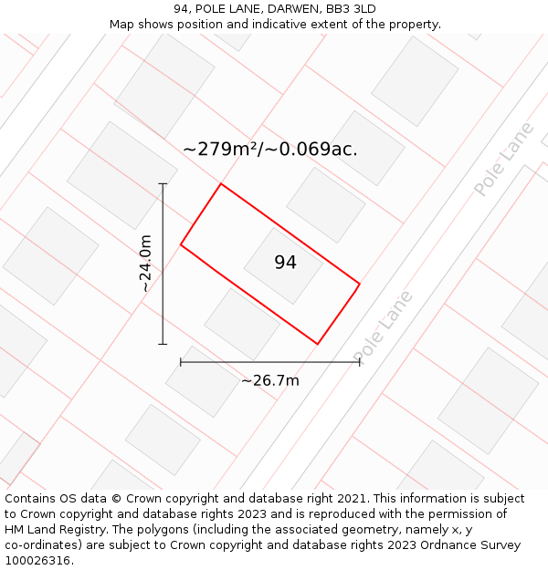 94, POLE LANE, DARWEN, BB3 3LD: Plot and title map