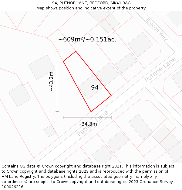 94, PUTNOE LANE, BEDFORD, MK41 9AG: Plot and title map