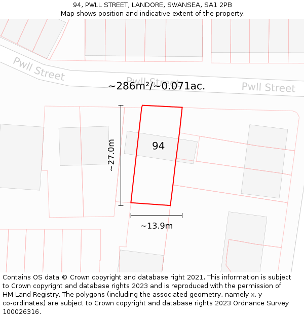 94, PWLL STREET, LANDORE, SWANSEA, SA1 2PB: Plot and title map