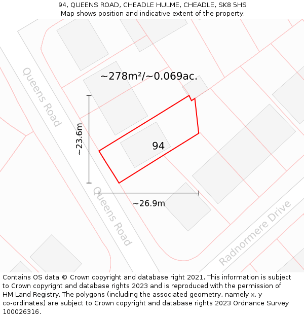 94, QUEENS ROAD, CHEADLE HULME, CHEADLE, SK8 5HS: Plot and title map