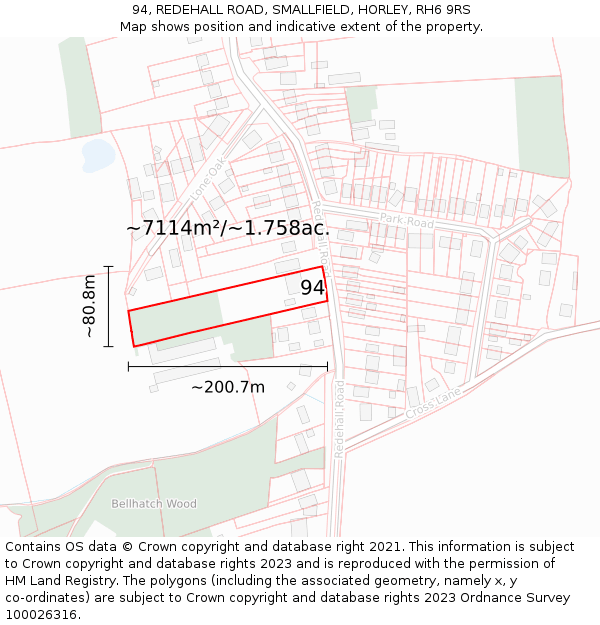 94, REDEHALL ROAD, SMALLFIELD, HORLEY, RH6 9RS: Plot and title map