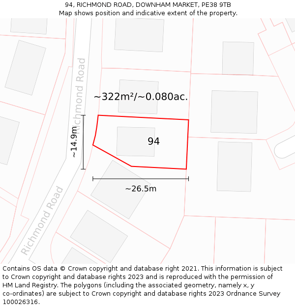 94, RICHMOND ROAD, DOWNHAM MARKET, PE38 9TB: Plot and title map