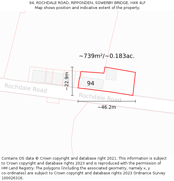 94, ROCHDALE ROAD, RIPPONDEN, SOWERBY BRIDGE, HX6 4LF: Plot and title map