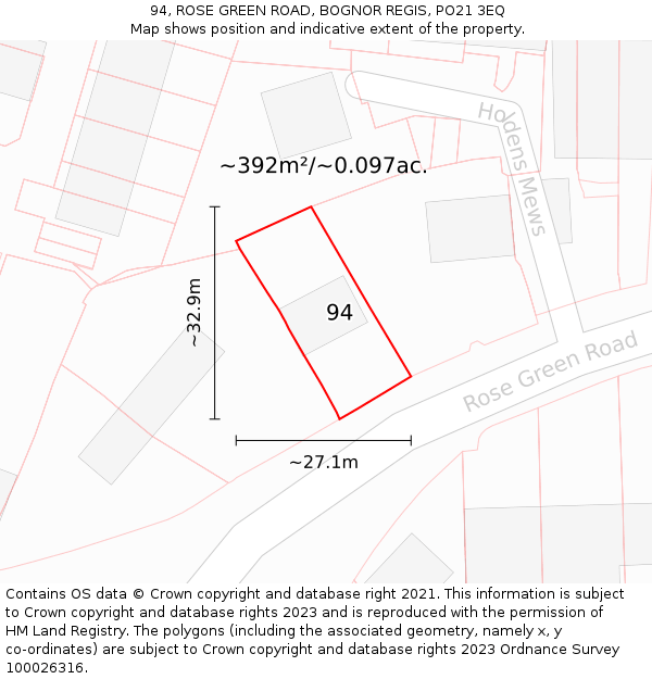 94, ROSE GREEN ROAD, BOGNOR REGIS, PO21 3EQ: Plot and title map