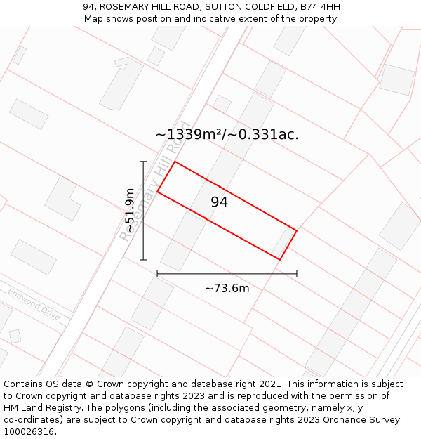 94, ROSEMARY HILL ROAD, SUTTON COLDFIELD, B74 4HH: Plot and title map