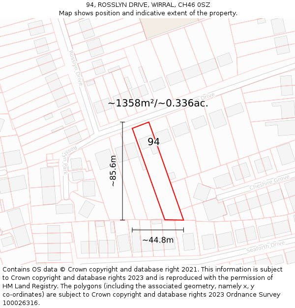 94, ROSSLYN DRIVE, WIRRAL, CH46 0SZ: Plot and title map