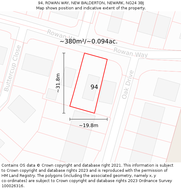 94, ROWAN WAY, NEW BALDERTON, NEWARK, NG24 3BJ: Plot and title map