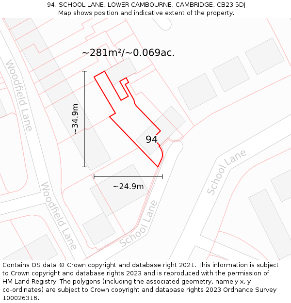 94, SCHOOL LANE, LOWER CAMBOURNE, CAMBRIDGE, CB23 5DJ: Plot and title map