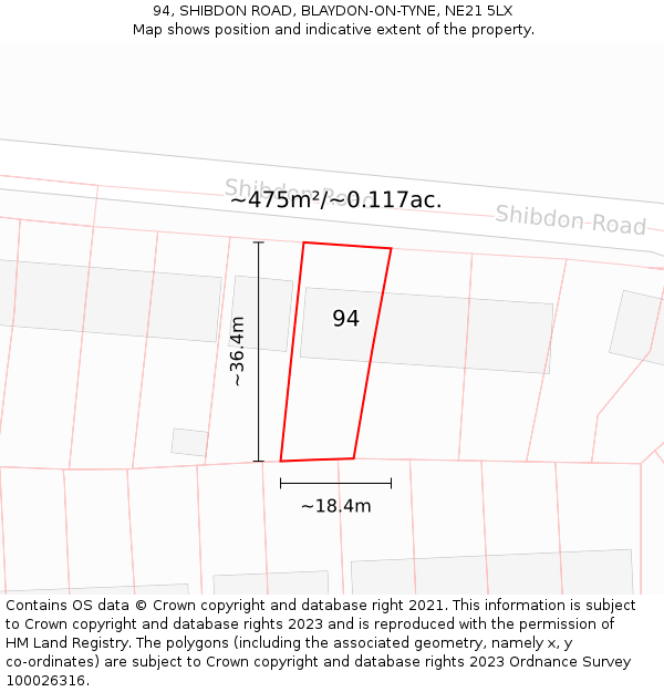 94, SHIBDON ROAD, BLAYDON-ON-TYNE, NE21 5LX: Plot and title map