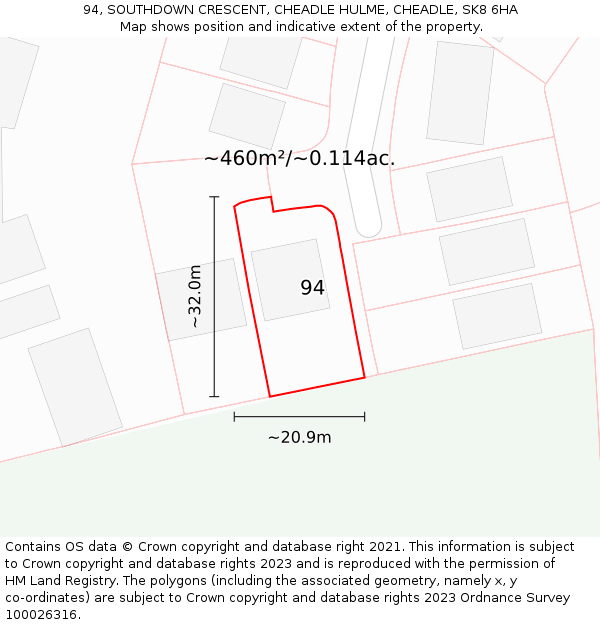 94, SOUTHDOWN CRESCENT, CHEADLE HULME, CHEADLE, SK8 6HA: Plot and title map