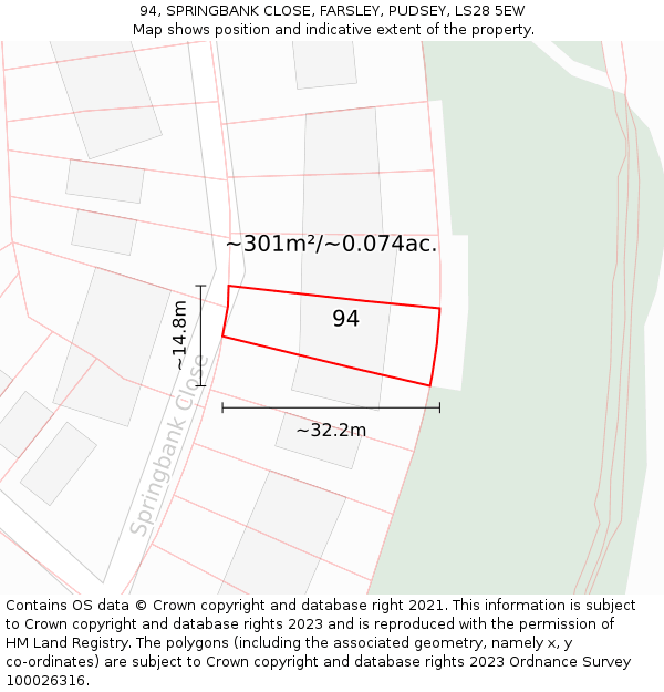 94, SPRINGBANK CLOSE, FARSLEY, PUDSEY, LS28 5EW: Plot and title map