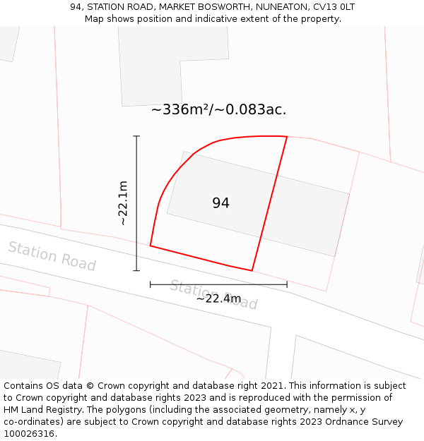 94, STATION ROAD, MARKET BOSWORTH, NUNEATON, CV13 0LT: Plot and title map