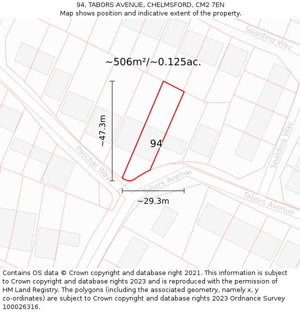 94, TABORS AVENUE, CHELMSFORD, CM2 7EN: Plot and title map