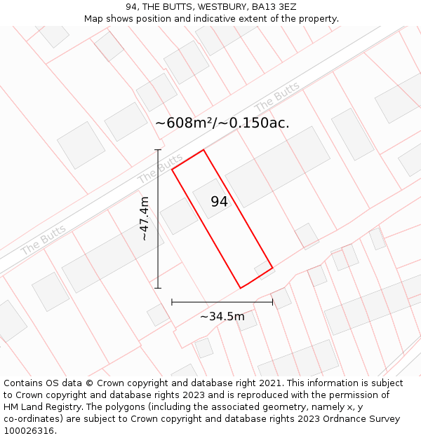 94, THE BUTTS, WESTBURY, BA13 3EZ: Plot and title map