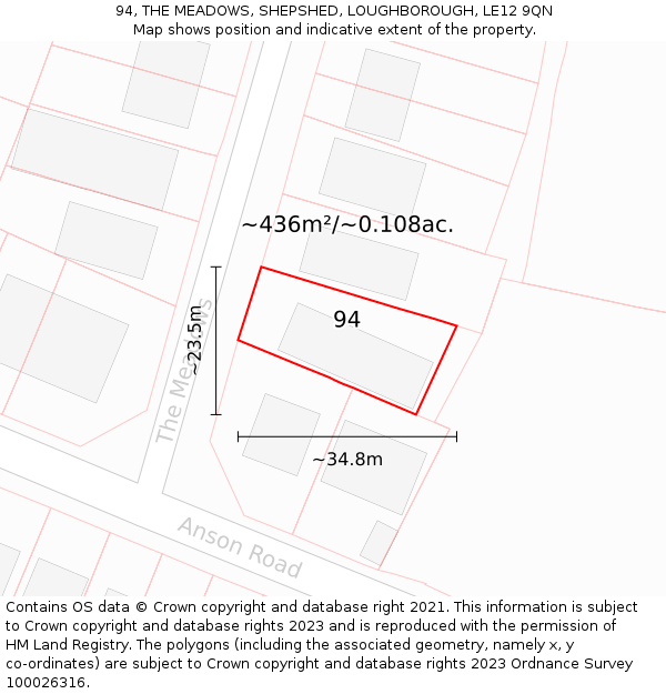 94, THE MEADOWS, SHEPSHED, LOUGHBOROUGH, LE12 9QN: Plot and title map