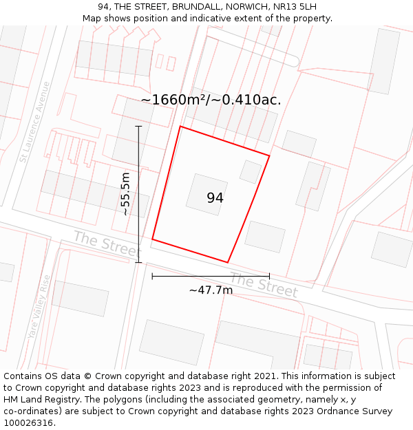 94, THE STREET, BRUNDALL, NORWICH, NR13 5LH: Plot and title map