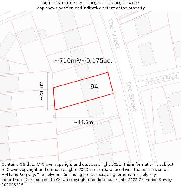 94, THE STREET, SHALFORD, GUILDFORD, GU4 8BN: Plot and title map