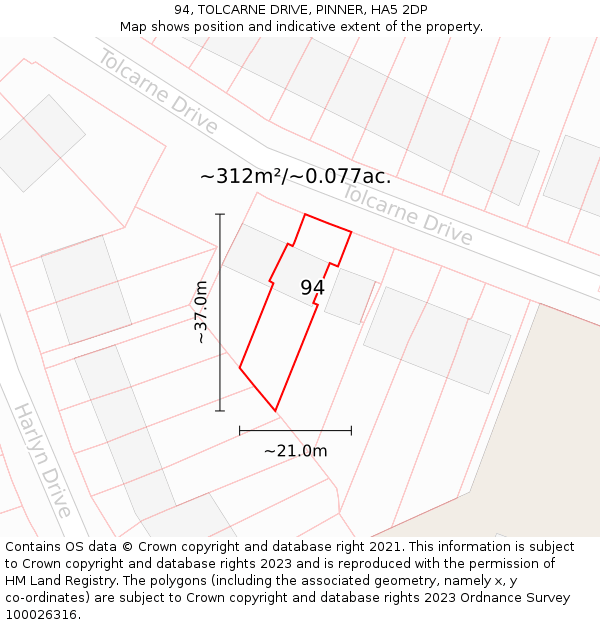 94, TOLCARNE DRIVE, PINNER, HA5 2DP: Plot and title map