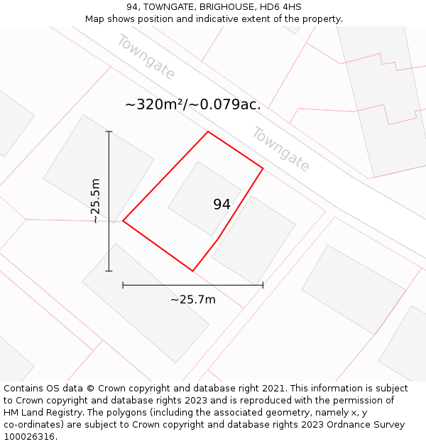 94, TOWNGATE, BRIGHOUSE, HD6 4HS: Plot and title map