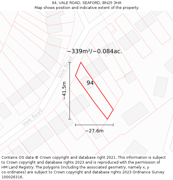 94, VALE ROAD, SEAFORD, BN25 3HA: Plot and title map