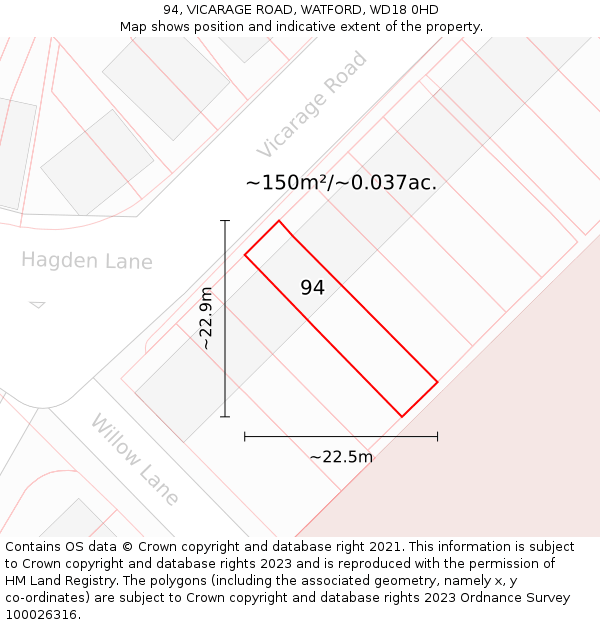 94, VICARAGE ROAD, WATFORD, WD18 0HD: Plot and title map