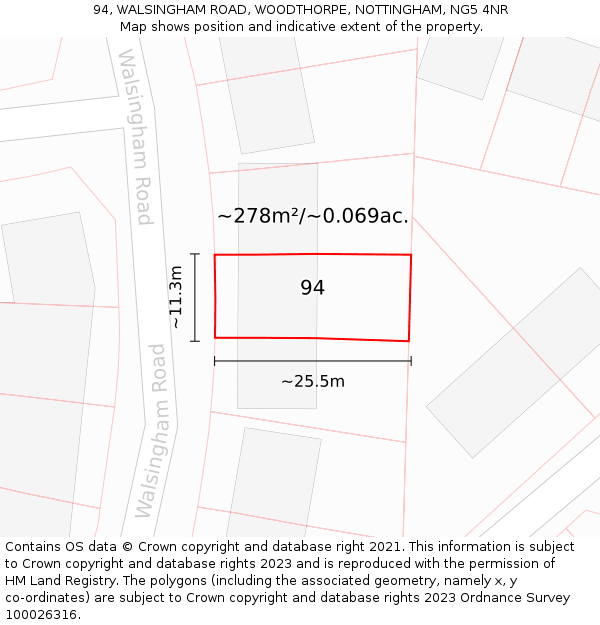 94, WALSINGHAM ROAD, WOODTHORPE, NOTTINGHAM, NG5 4NR: Plot and title map