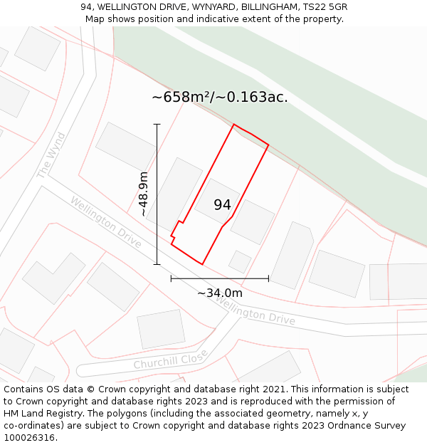 94, WELLINGTON DRIVE, WYNYARD, BILLINGHAM, TS22 5GR: Plot and title map