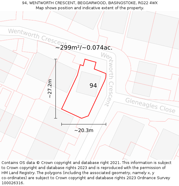 94, WENTWORTH CRESCENT, BEGGARWOOD, BASINGSTOKE, RG22 4WX: Plot and title map