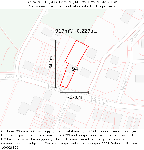 94, WEST HILL, ASPLEY GUISE, MILTON KEYNES, MK17 8DX: Plot and title map