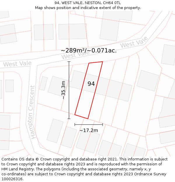 94, WEST VALE, NESTON, CH64 0TL: Plot and title map