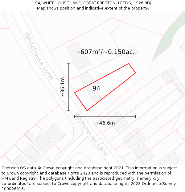 94, WHITEHOUSE LANE, GREAT PRESTON, LEEDS, LS26 8BJ: Plot and title map