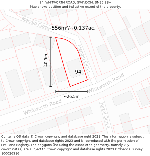 94, WHITWORTH ROAD, SWINDON, SN25 3BH: Plot and title map