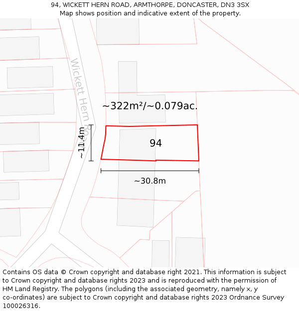 94, WICKETT HERN ROAD, ARMTHORPE, DONCASTER, DN3 3SX: Plot and title map