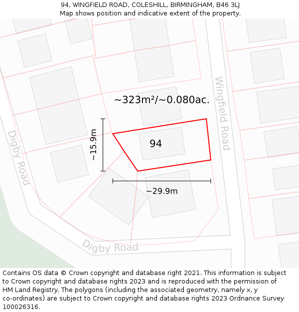 94, WINGFIELD ROAD, COLESHILL, BIRMINGHAM, B46 3LJ: Plot and title map